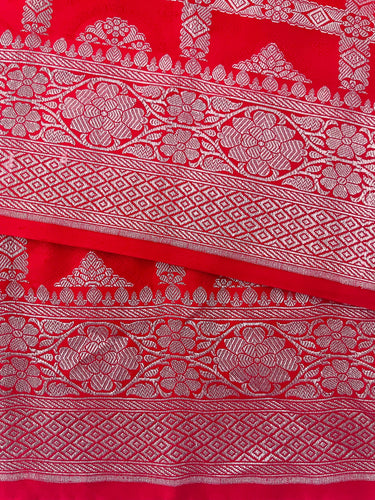 Mashru Silk Saree from Banaras | Red | Silver Zari | Handwoven | Ships from California